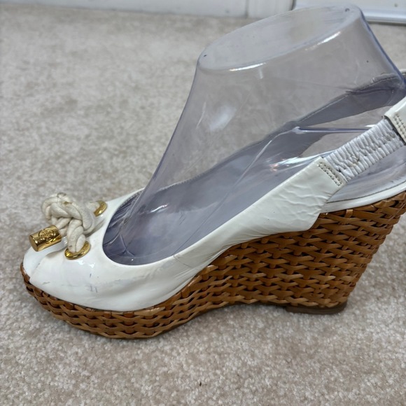 Tory Burch White Patent Leather Rope Detail Wedge Peep Toe Size 8.5 - Picture 7 of 12